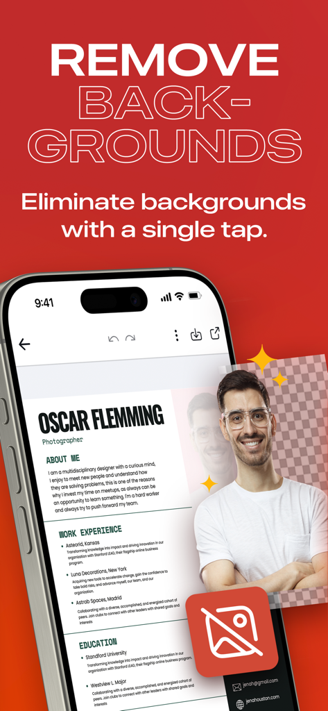 背景除去ツールを使用してポートレートが編集されているプロフェッショナルな履歴書を示すモバイルアプリ画面