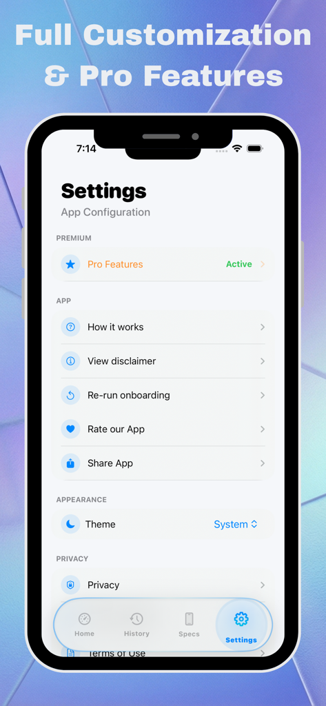 Battery Life Health: Pro Check - Settings screen of the Battery Life Health app showing active Pro features and customization options