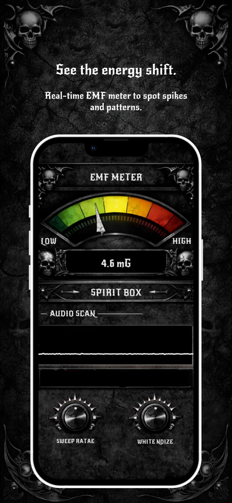 EVP Spirit Box: Ghost Detector - Tela do aplicativo detector de fantasmas com design gótico e interface de medidor de EMF em tempo real.