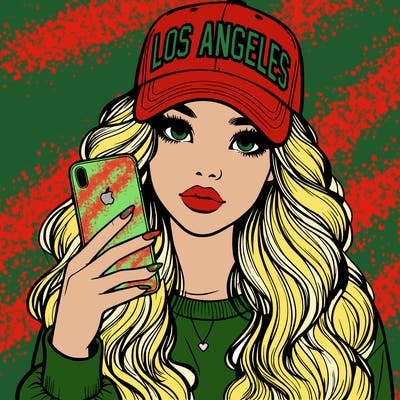 realistic beautiful girl wearing los ángeles cap holding an iphone