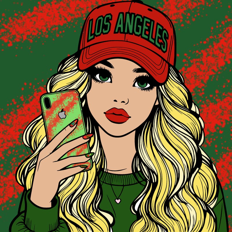 realistic beautiful girl wearing los ángeles cap holding an iphone
