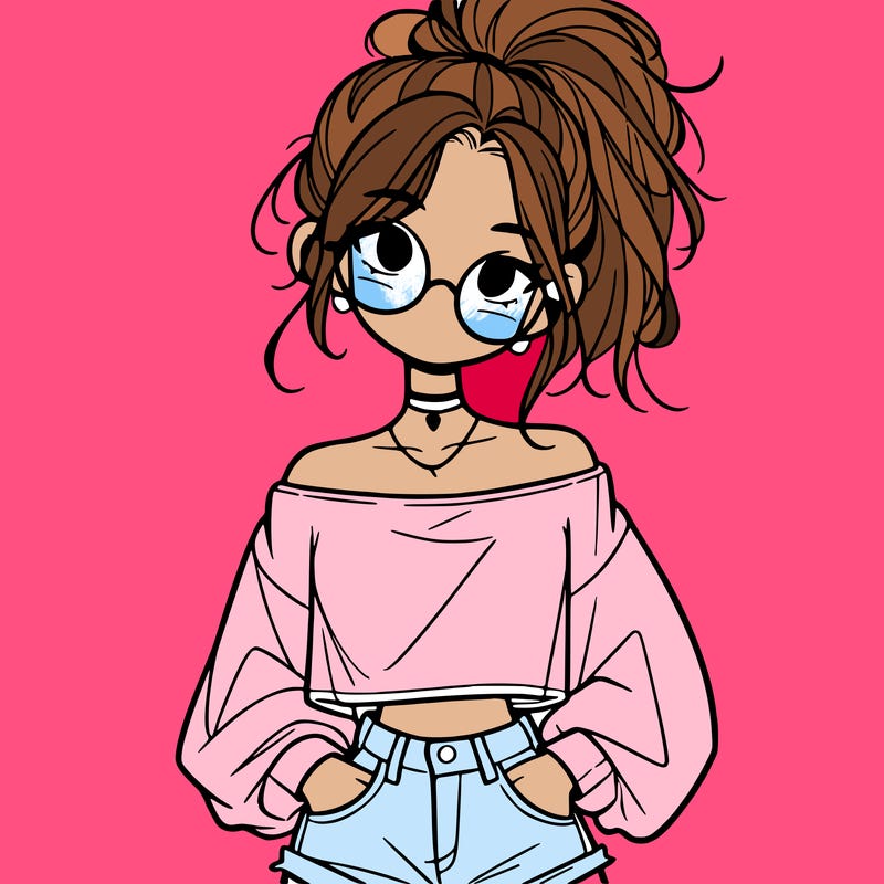 girl with a messy ponytail glasses a baggy crop top and jean shorts