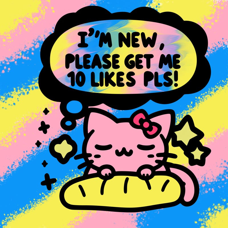 kitty taking a nap dream talking and saying "i'm new, please get me at least 10 likes pls!!"