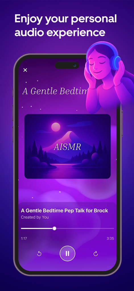 AISMR app interface displaying a personalized audio session playback with a peaceful landscape visual