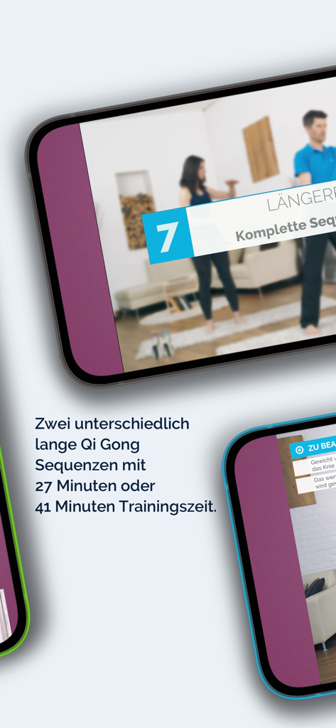 Captura de pantalla de la aplicación Qi Gong que muestra sesiones de entrenamiento con diferentes duraciones