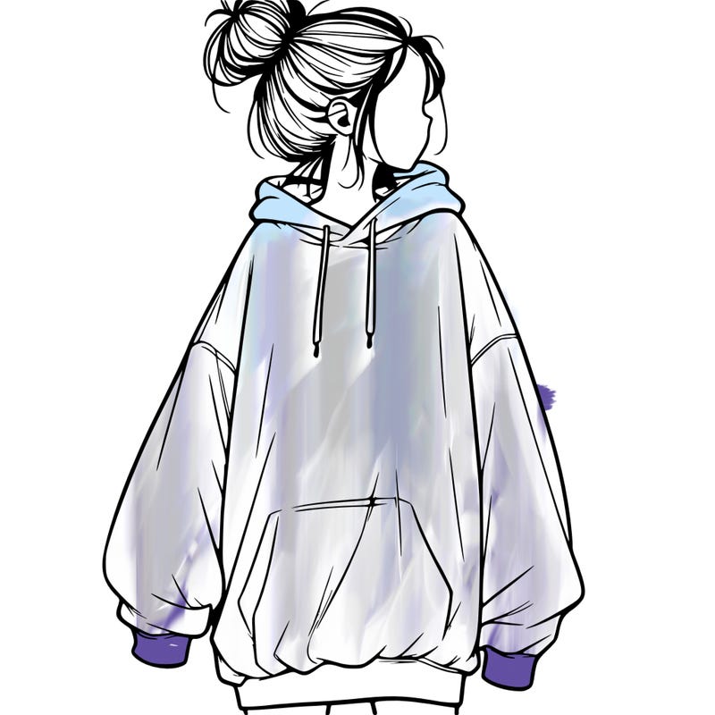 realistic girl with a oversized sweatshirt on and a bun