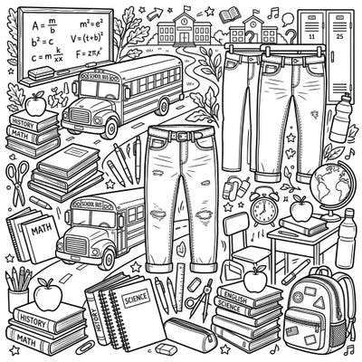 Dive into the excitement of a new academic year with this unique coloring page featuring stylish men's jeans alongside classic back-to-school essentials. From bustling school buses to stacks of textbooks, this design offers a creative blend for all coloring enthusiasts.