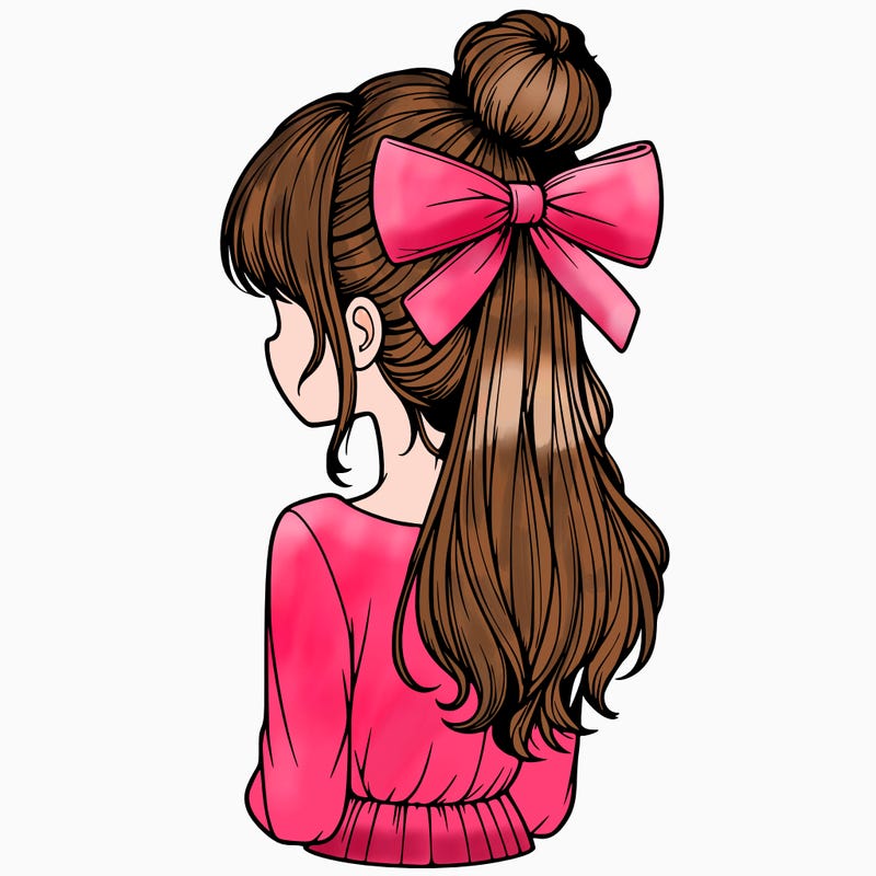 realistic girl  with hip length hair a bun and a big bow on the back of head