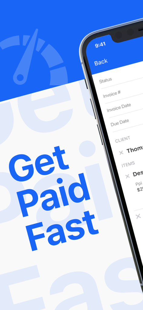 Mobile app interface for Invoice Maker showing Get Paid Fast screen