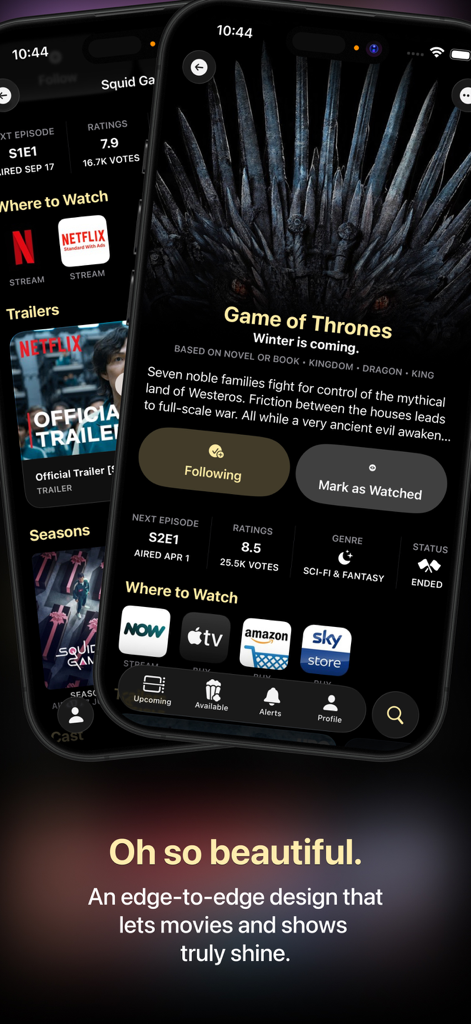 Showcase: Track Movies & Shows - Una muestra de la interfaz de la aplicación de seguimiento de películas que muestra información detallada de Game of Thrones y Squid Game en un iPhone.