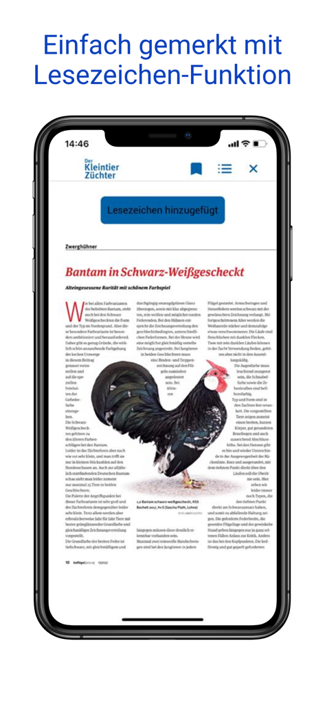Screenshot einer mobilen App, der einen Artikel über eine Zwerghuhnrassen mit einer Bestätigungsnachricht zum Lesezeichen zeigt.