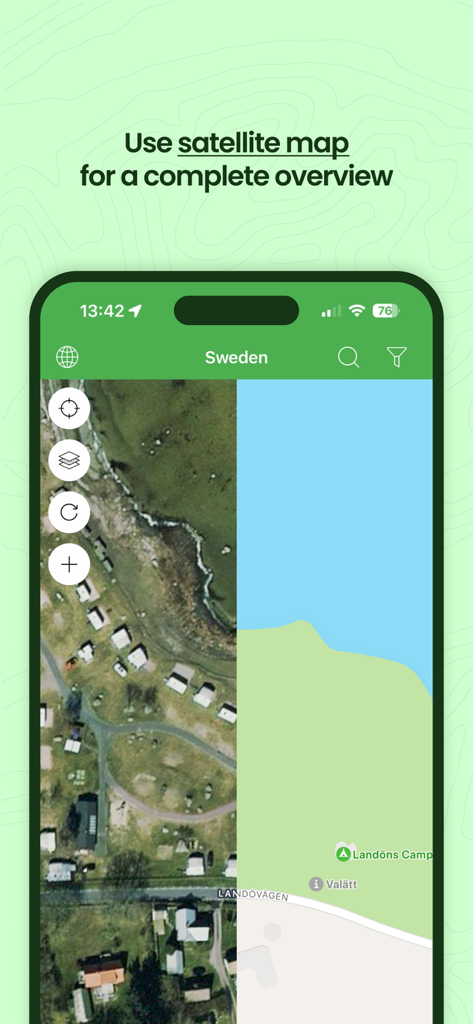 Split screen view of a campsite in Sweden showing satellite imagery and a standard map on the Stellplatz Europe app