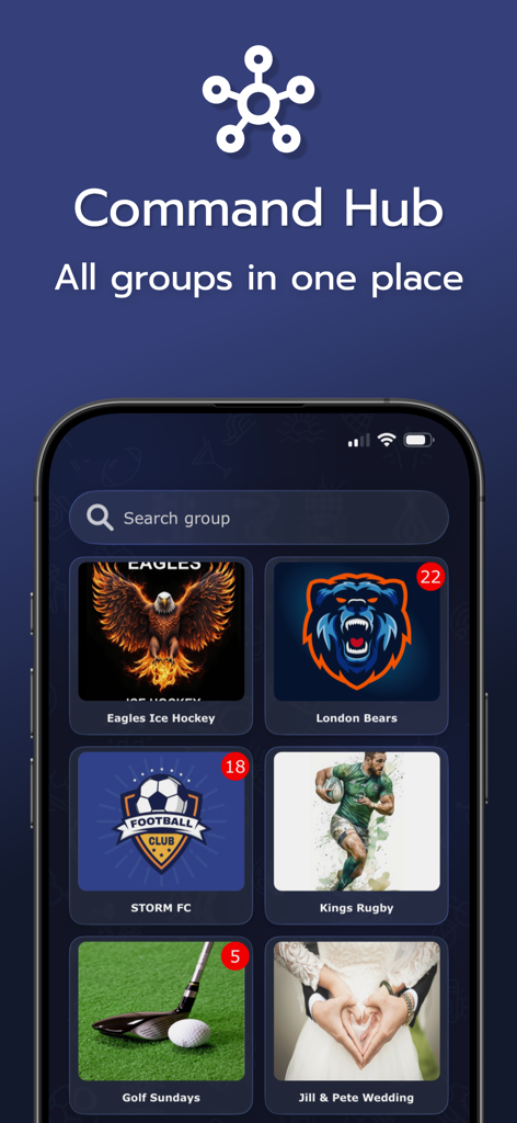 Invitem - Invitem app screen showing the Command Hub with various organized groups like sports teams and social events.