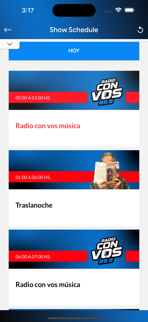 Tela da programação de shows do aplicativo móvel Radio Con Vos exibindo horários e nomes dos programas diários