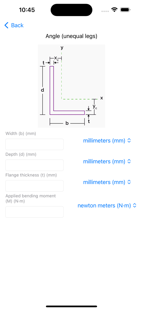 Beam Stress Calculator Beamer - Calculation screen for an unequal leg angle beam in the Beam Stress Calculator app