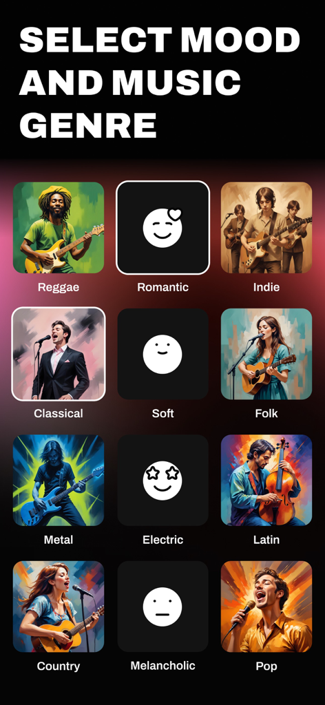 AI Song and Music Maker App - AI 작곡 및 음악 제작 앱의 음악 장르 및 분위기 선택 화면