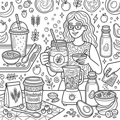 Dive into a world of healthy delights with this intricate breakfast smoothies coloring page. Featuring a smiling creator surrounded by wholesome ingredients, it's perfect for a relaxing and engaging coloring session.