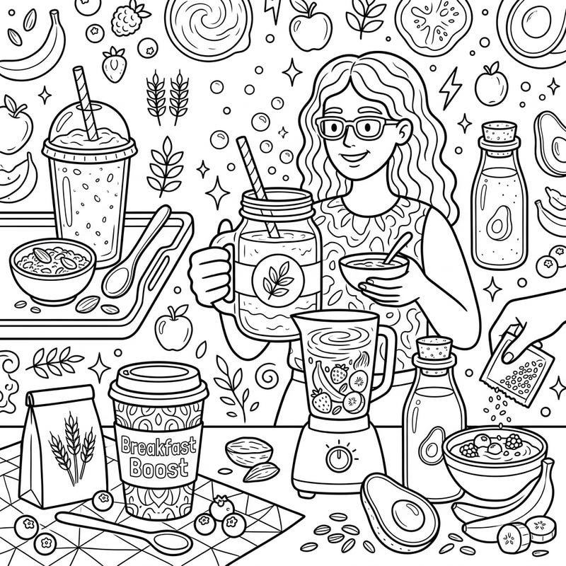 Dive into a world of healthy delights with this intricate breakfast smoothies coloring page. Featuring a smiling creator surrounded by wholesome ingredients, it's perfect for a relaxing and engaging coloring session.