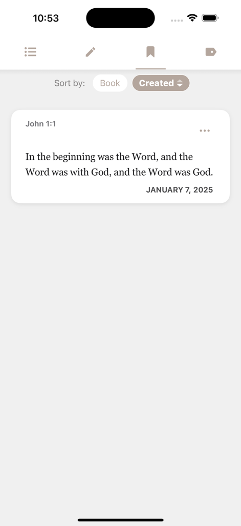 Holy Bible Recovery Version - The bookmark interface in the Holy Bible Recovery Version app displaying a saved verse from John 1:1.