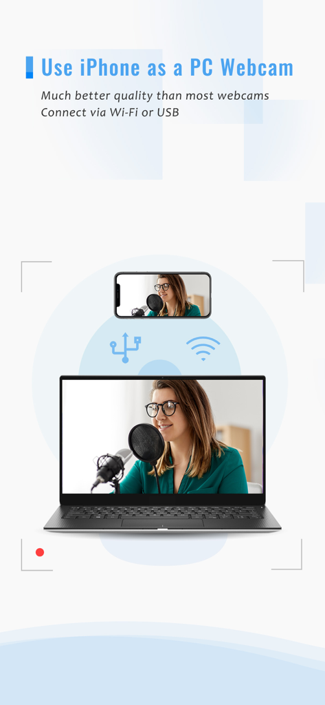 iVCam Webcam - ワイヤレスまたはUSB接続を介して、iPhoneを高品質なPCウェブカメラとして使用している様子を示すグラフィック