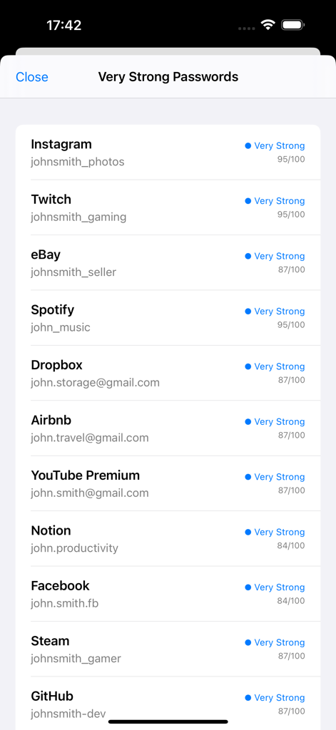 Password Manager Secure Vault - Una lista de cuentas digitales con altas puntuaciones de robustez de seguridad en la aplicación de bóveda de contraseñas