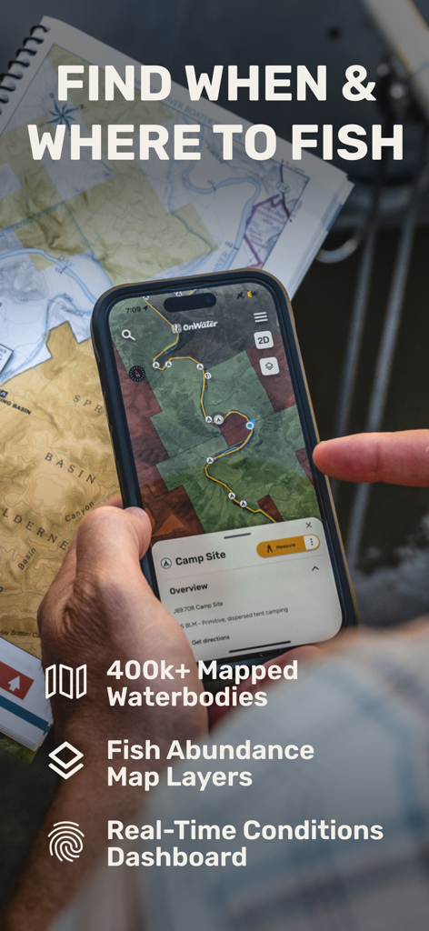 A person using the onWater app to plan a fishing trip with digital maps and real-time data