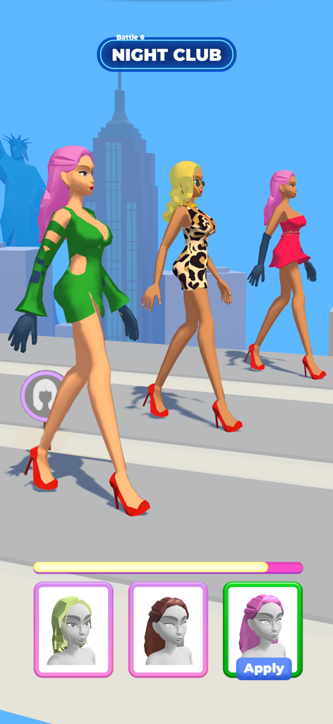 Fashion Battle: Catwalk Show - Tres modelos en una pasarela de moda con el horizonte de la ciudad de Nueva York y un menú de personalización de cabello