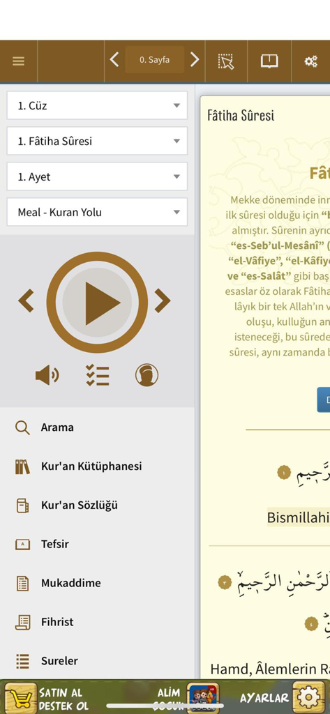 Digital Quran interface showing Surah Fatiha with translation and audio player controls