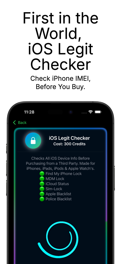 Pantalla de smartphone que muestra la herramienta Verificador de Legitimidad de iOS para verificar el estado de seguridad del IMEI del iPhone.