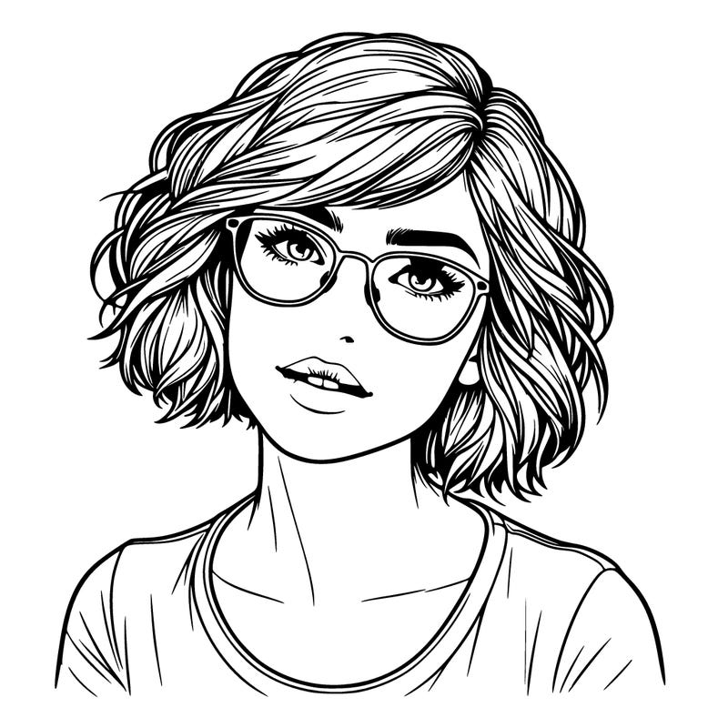 realistic short hair woman with glasses