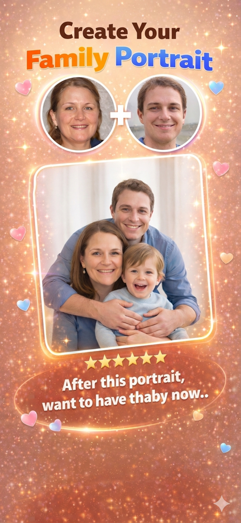 Baby Face Generator - Predict - AI app interface showing two parent photos merged into a generated family portrait with a child