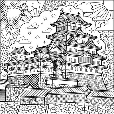 Embark on a creative adventure with this stunning Japanese Castle coloring page, presented in a vibrant Pop Art style. Its bold outlines and dynamic patterns offer a unique canvas for your imagination to flourish.