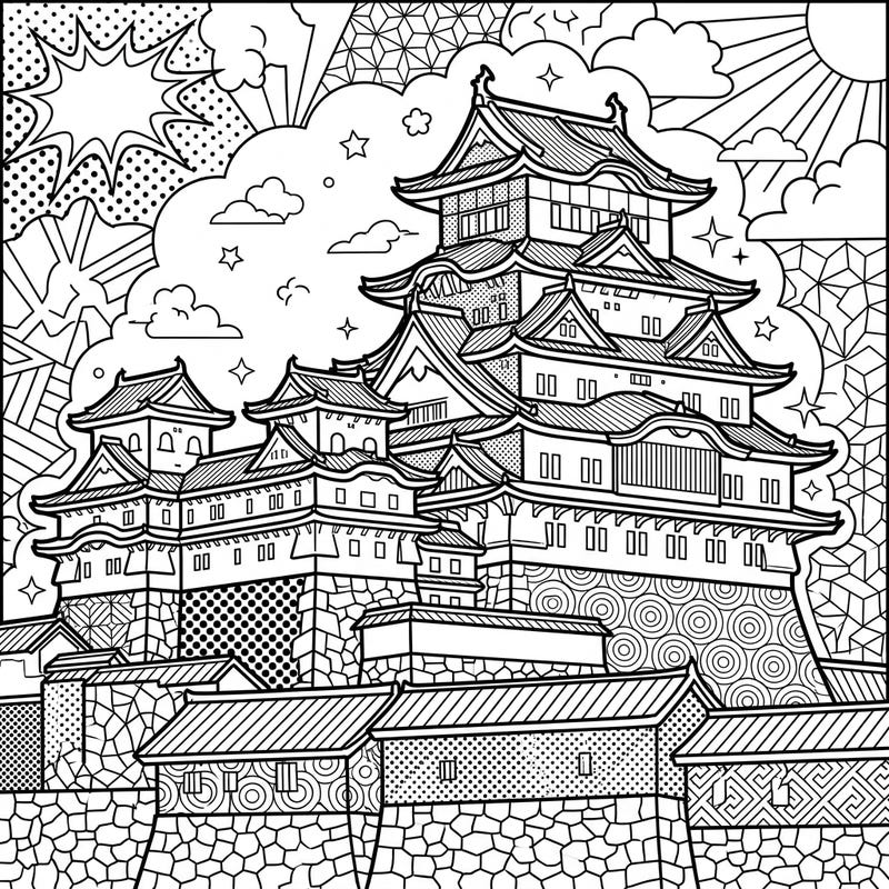 Embark on a creative adventure with this stunning Japanese Castle coloring page, presented in a vibrant Pop Art style. Its bold outlines and dynamic patterns offer a unique canvas for your imagination to flourish.