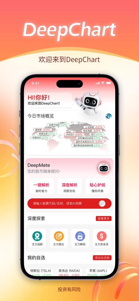 DeepChart - DeepChart app home screen featuring global stock market maps and AI trading assistant tools