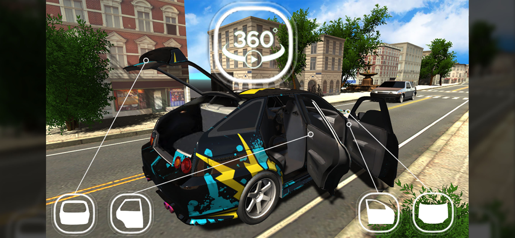 Urban Car Simulator - Modelo de carro interativo com porta-bagagens e portas abertas mostrando vista de 360 graus no Urban Car Simulator