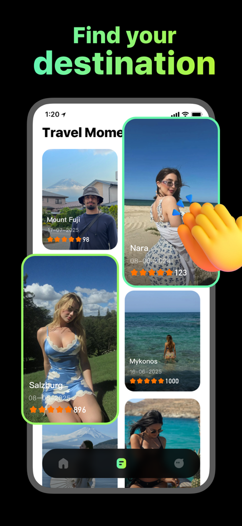 JourneyCo - JourneyCo mobile app interface showing travel destination cards with photos, star ratings, and location names like Salzburg and Nara.