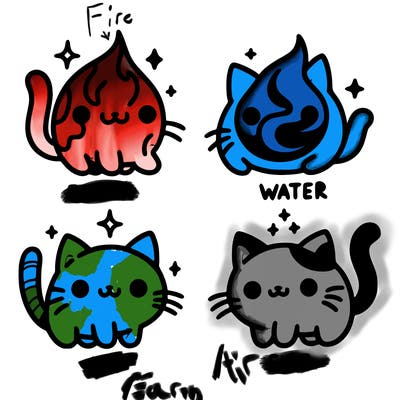 4 cats that represent the different elements, earth, water, air, and fire