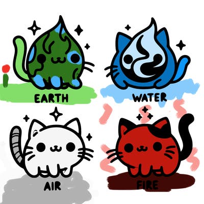 4 cats that represent the different elements, earth, water, air, and fire