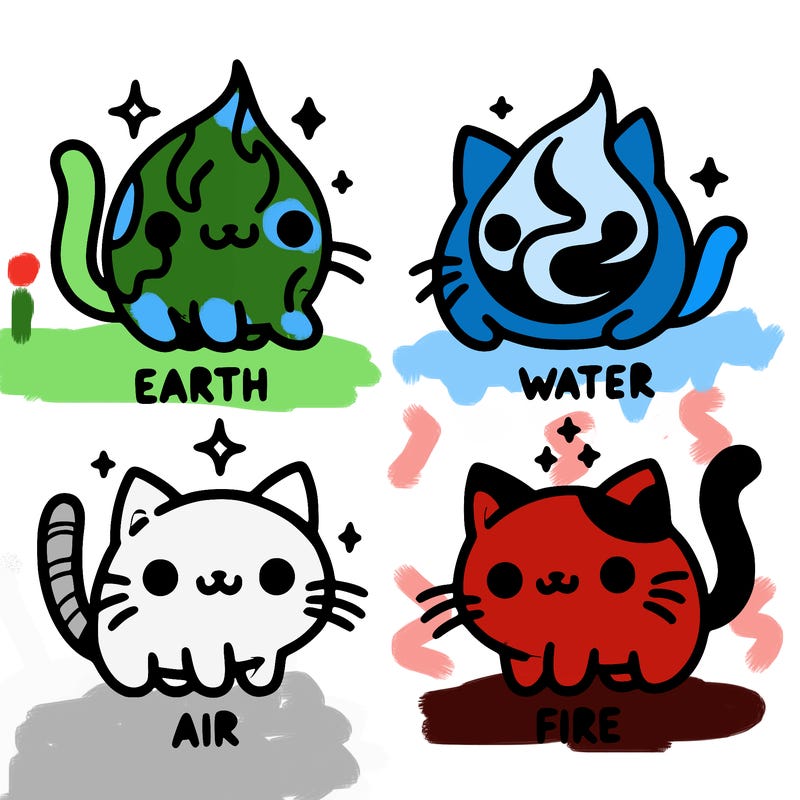 4 cats that represent the different elements, earth, water, air, and fire