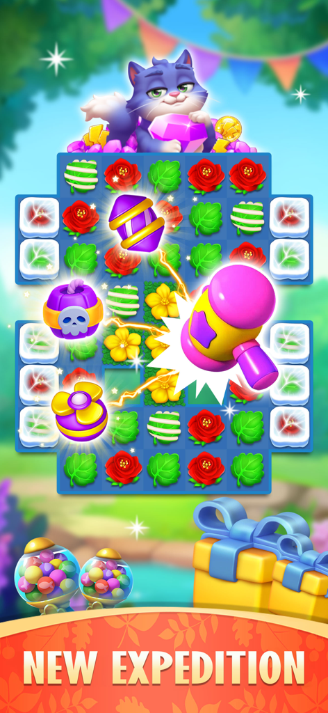 Blossom Sort 2026 - Gameplay screen of Blossom Sort showing a flower match 3 puzzle with a cat character and a pink hammer booster.