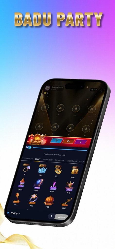 Badu App-Bildschirm, der den Badu Party Live-Raum und virtuelle Geschenkoptionen anzeigt