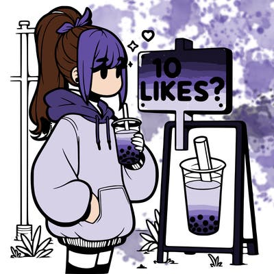 girl with oversized hoodie drinking boba and she has a high ponytail with a sign that says 10likes?