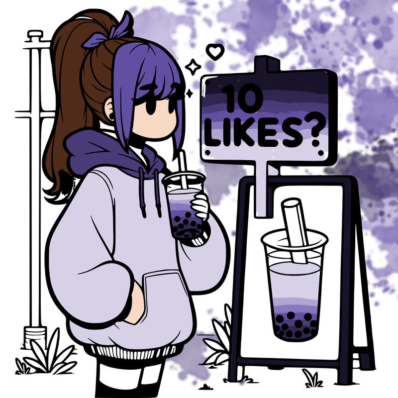 girl with oversized hoodie drinking boba and she has a high ponytail with a sign that says 10likes?