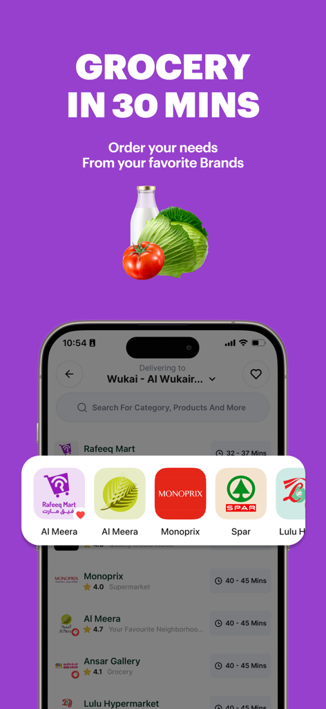 Rafeeq mobile app screen showing grocery delivery from brands like Monoprix and Spar in 30 minutes