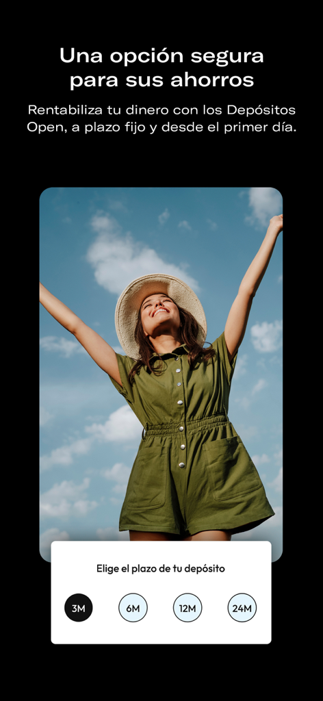 Pantalla de la app móvil de Openbank promocionando depósitos de ahorro a plazo fijo con periodos flexibles.