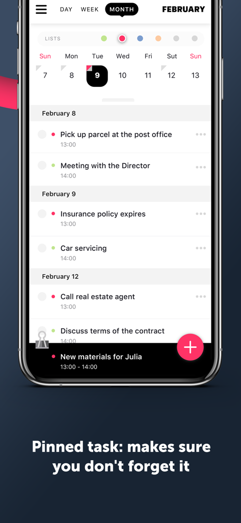 Planner iPlan - todo,diary - Daily task list view in the iPlan app showing a pinned task feature for priority items.