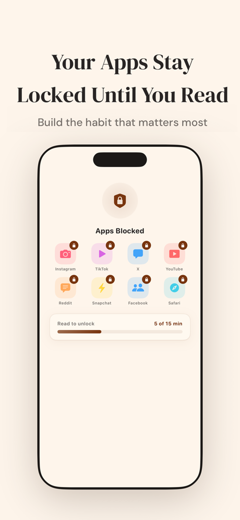 BibleScroll: Screen Time Faith - Smartphone screen showing various social media apps locked with a progress bar for Bible reading time.