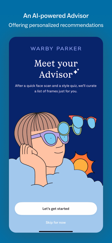 Warby Parker App-Bildschirm für den KI-gestützten Berater, der personalisierte Fassungsempfehlungen anbietet
