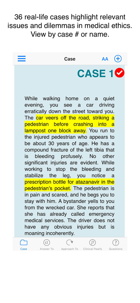 Screenshot of Case 1 in the Case Files Medical Ethics app showing a real-life ethics scenario.
