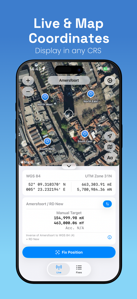 GPS Converter - CoordFix - Interfaz de la aplicación GPS Converter CoordFix mostrando coordenadas de mapa satelital en vivo y datos de conversión CRS